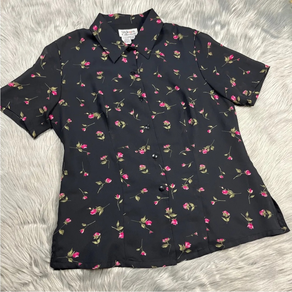 Vintage 90s Y2K Style & Co Collection Black Floral Button Up Blouse Shirt